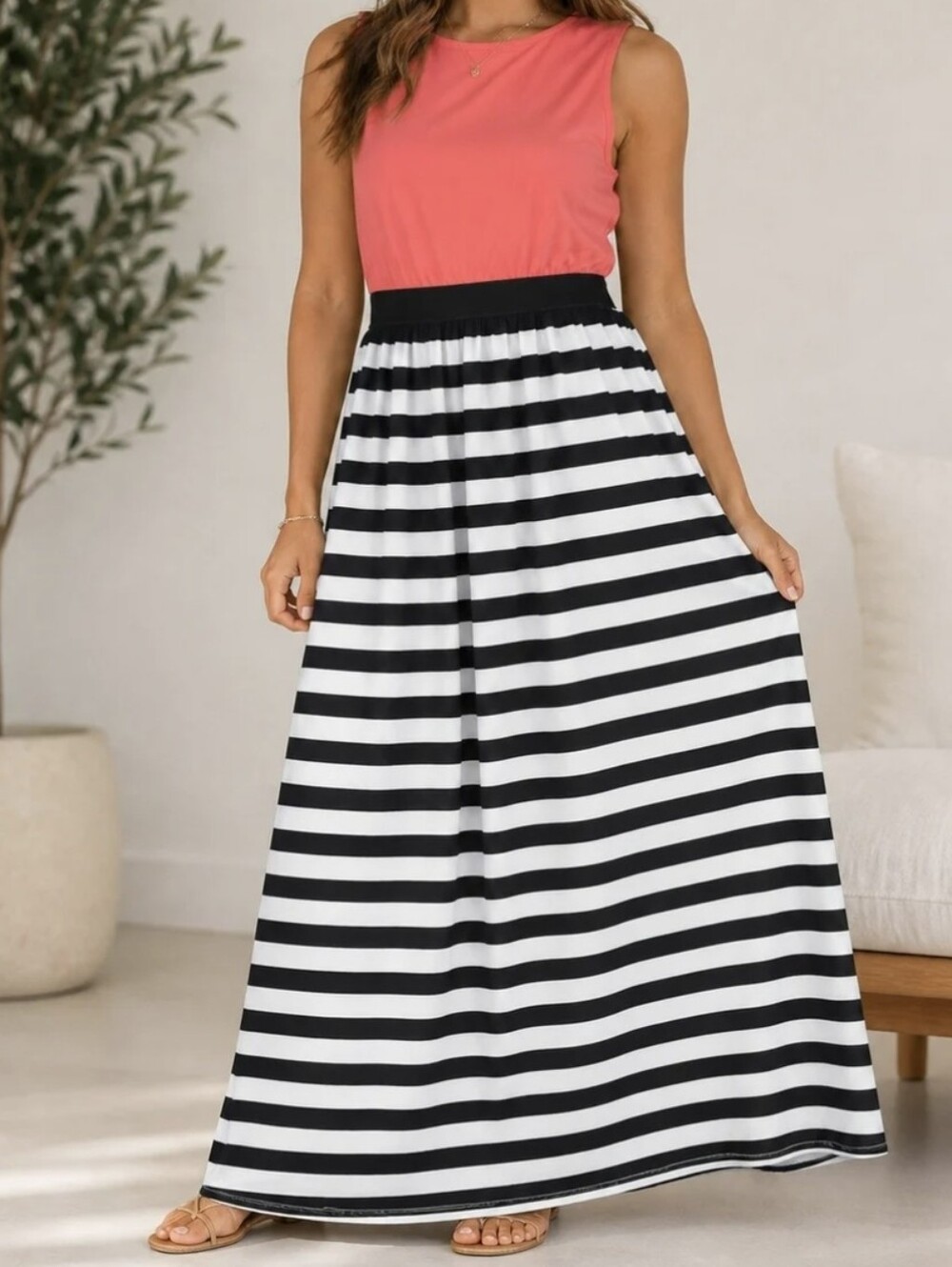 Xhilaration Sriped Maxi Skirt Orange Black and White Size Large